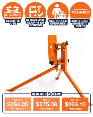No assembly, ready to use. Attach with clamps or screws. One person operation. Easy attach magnetic levels. The POSTA post-setting tool with tripod legs extended. Bundle pricing: buy 2–3, $284.05 per bundle; buy 4–9, $275.08 per bundle; buy 10 or more, $269.10 per bundle.